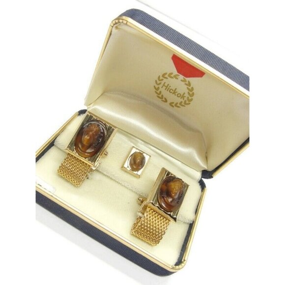 Hickok Tiger Eye Cameo Cufflinks Set Gold Tone Wedding Accessories Vintage - Picture 1 of 16
